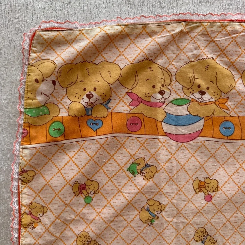Vintage Puppy Dog Nursery Receiving Blanket Orange Lace Trim Retro 35x40